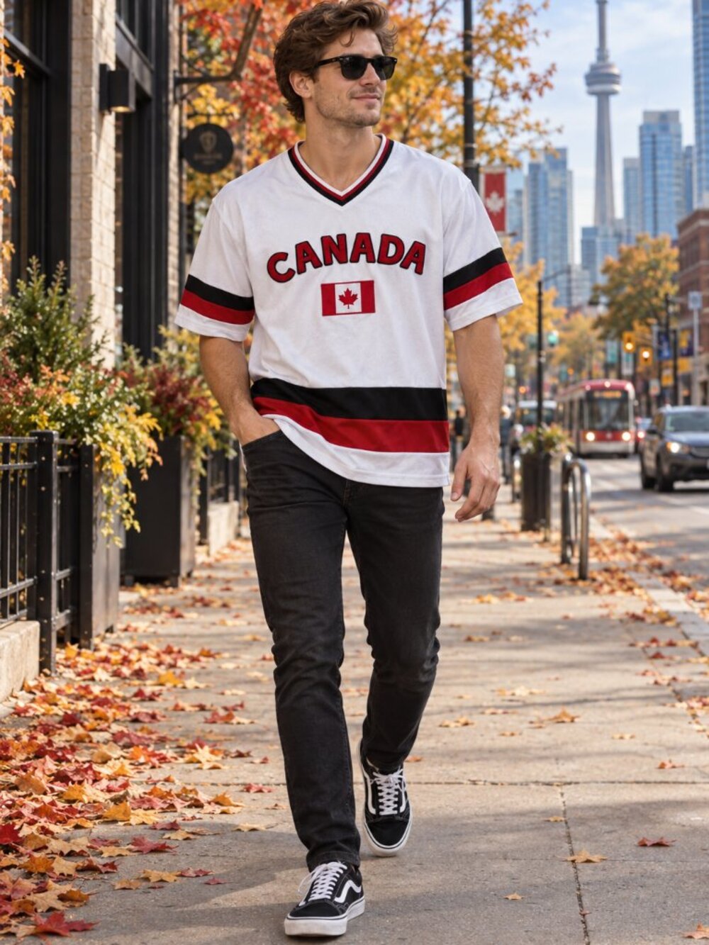 Canada Hockey Jersey Snowcap Adult M White Red Black Maple Leaf V-Neck